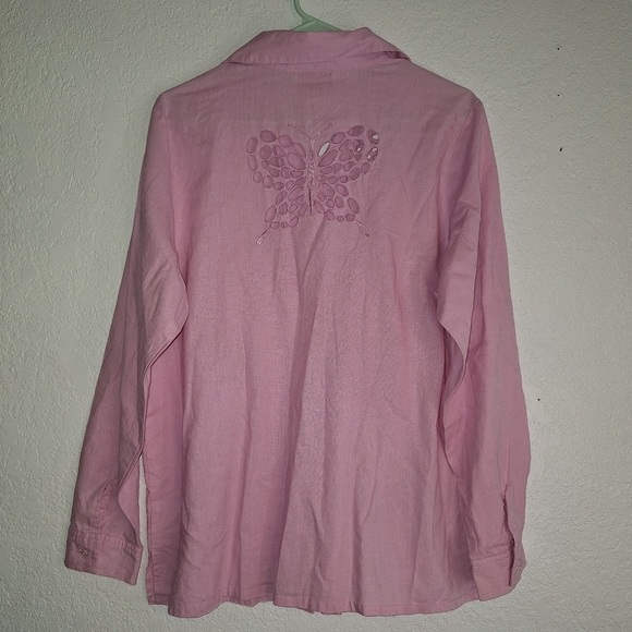 Quacker Factory Medium Linen Cotton Butterfly Cutout Sequin Long Sleeve Top - Picture 2 of 10